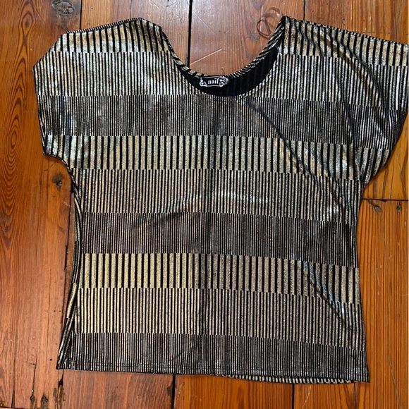 Naïf Gold Black Slinky Short Sleeve Blouse Size L Shimmer Relaxed Fit Party Fun - Picture 8 of 9
